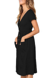 Elegant Solid Pocket Buckle V Neck A Line Dresses