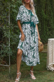 Fashion Street Print Split Joint Frenulum V Neck A Line Dresses