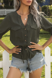 Fashion Casual Solid Draw String Buckle V Neck Tops