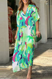 Bohemian Vacation Print Patchwork V Neck Printed Dress Short Sleeve Dress