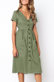 Elegant Solid Pocket Buckle V Neck A Line Dresses