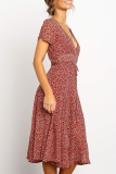 Elegant Print Split Joint Frenulum V Neck A Line Dresses