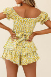 Fashion Street Print Patchwork Off the Shoulder Loose Rompers