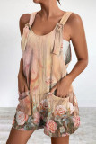 Casual Print Pocket V Neck Loose Rompers