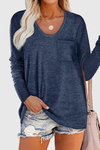 Casual Solid Patchwork Pocket O Neck Tops