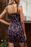 Elegant Floral Draw String Frenulum V Neck Wrapped Skirt Dresses