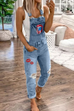 Daily Lips Printed Ripped Pocket Sleeveless Denim Jumpsuits