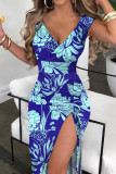 Sexy Print Patchwork Slit V Neck Straight Dresses