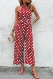 Casual Sweet Polka Dot Bandage Pocket Halter Loose Jumpsuits