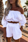 Casual Street Solid Split Joint Flounce Off the Shoulder Three Quarter Two Pieces