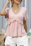 Casual Solid Split Joint Stringy Selvedge V Neck T-Shirts