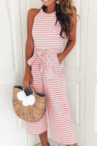 Casual Striped With Belt O Neck Regular Jumpsuits