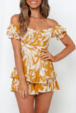 Fashion Street Print Patchwork Off the Shoulder Loose Rompers