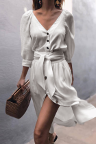 Elegant Solid Split Joint Buckle With Belt V Neck A Line Dresses