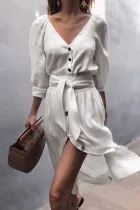 Elegant Solid Split Joint Buckle With Belt V Neck A Line Dresses
