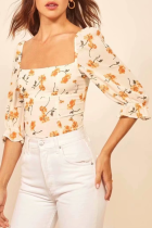 Elegant Floral Split Joint Square Collar T-Shirts