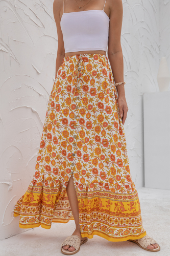 Elegant Floral Buttons Slit Regular High Waist Type A Full Print Bottoms