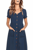 Elegant Solid Pocket Buckle V Neck A Line Dresses