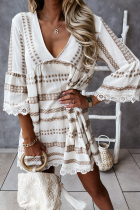 Casual Print Lace Split Joint V Neck Dresses