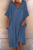 Casual Solid Patchwork Flounce V Neck Dresses