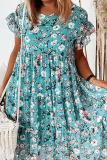 Casual Sweet Floral Split Joint Flounce O Neck A Line Dresses