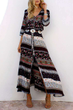 Bohemian Print Buckle Slit V Neck Dresses