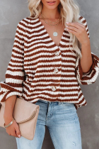 Casual Striped Patchwork Buckle V Neck Tops