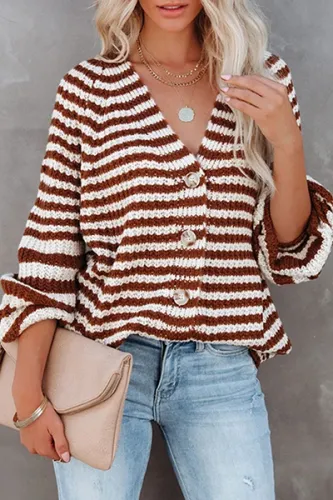 Casual Striped Patchwork Buckle V Neck Tops