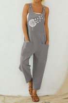 Casual Print Pocket Buttons U Neck Straight Jumpsuits