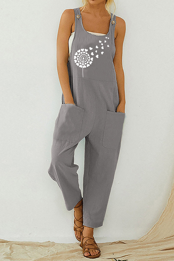Casual Print Pocket Buttons U Neck Straight Jumpsuits