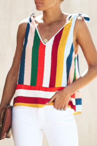 Elegant Striped Split Joint Strap Design V Neck Tops