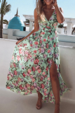 Fashion Elegant Floral Split Joint Slit V Neck A Line Dresses