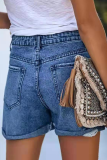 Street Solid Ripped Make Old Mid Waist Straight Denim Shorts