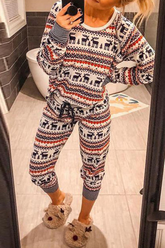 Sweet Print Printing O Neck Long Sleeve Two Pieces