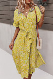 Fashion Elegant Print Split Joint Turndown Collar Waist Skirt Dresses