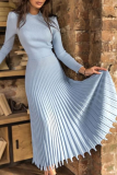 Elegant Solid Basic O Neck Pleated Dresses