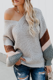 Casual Striped Patchwork Contrast V Neck Tops Sweater