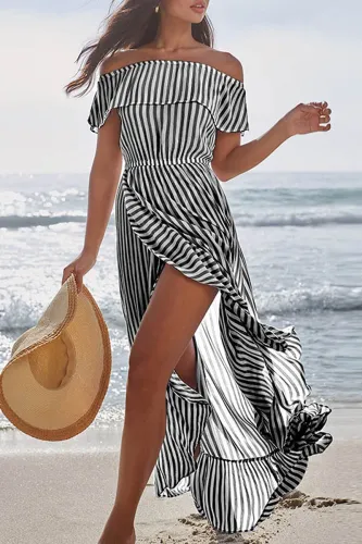 Fashion Street Striped Split Joint Off the Shoulder Irregular Dresses