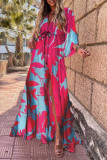 Fashion Bohemian Print Slit V Neck Waist Skirt Dresses