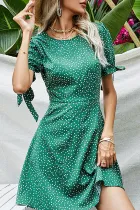 Fashion Elegant Polka Dot Split Joint Strap Design O Neck A Line Dresses