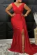 Red Sexy Formal Solid Patchwork Beading V Neck Evening Dress Dresses