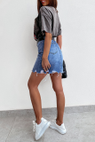 Street Solid Tassel Ripped Pocket Regular Denim Skirts
