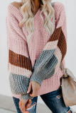Casual Striped Patchwork Contrast V Neck Tops Sweater