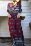 Bohemian Print Buckle Slit V Neck Dresses