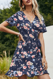 Elegant Floral Frenulum Flounce V Neck A Line Dresses