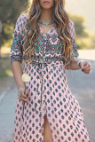 Bohemian Print Buckle Slit V Neck Dresses