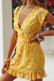 Elegant Floral Frenulum Flounce V Neck A Line Dresses