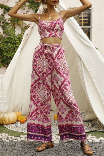 Fashion Sweet Print Split Joint Spaghetti Strap Sleeveless Two Pieces