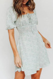 Fashion Elegant Print Frenulum Square Collar Waist Skirt Dresses
