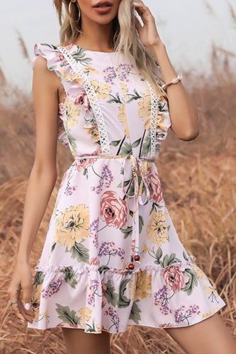 Fashion Elegant Floral Frenulum Flounce O Neck A Line Dresses